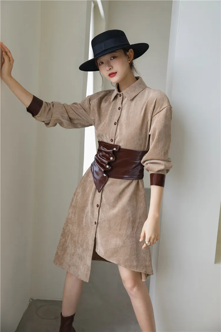 Vestido marrón asimétrico de pana para mujer, solapa de primavera, manga larga, corsé de un solo pecho, minicinturón 210427
