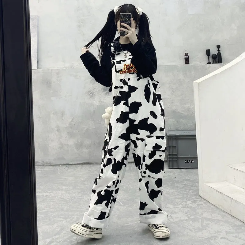 Houzhou Hippie Cow Print Jumpsuits Harajuku Cow Mönstrade byxor Korean Stil Överaller Casual Baggy Wide Leg Pants Spring CX220310