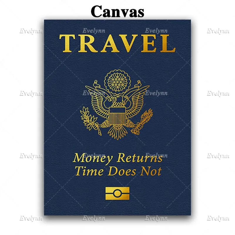 Pinturas Motivacional Inspirado Canvas Poster-Passaporte Viagem Dinheiro Retorna O Tempo Não Wall Art Office Home De220k