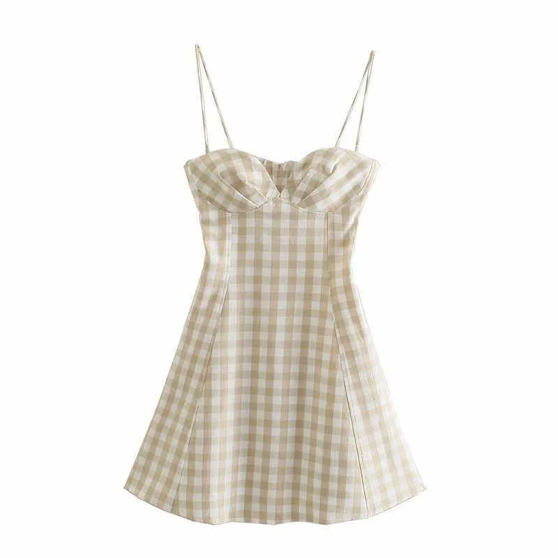 Za Summer Plaid Mini Straps Dress Women Sleeveless Backless Gingham Sundress Chic Side Zip Woman Elegant Beach Dresses 210602