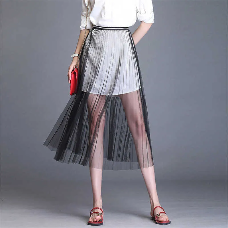 Women Sexy Mesh Lace Transparent Long Tulle Skirt Korean Fashion Summer Ladies Elastic High Waist Black White Beach Midi Skirt 210619