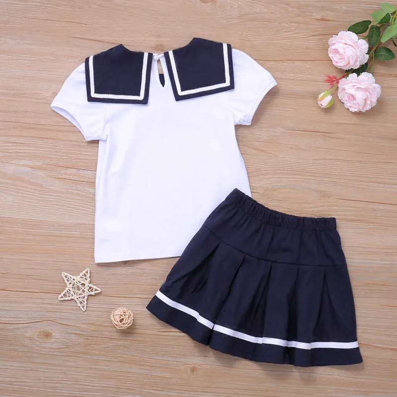 Summer College Style Kids Girl Clothes Suit Short Sleeve T-Shirt+Pleated Skirts School Set 210611