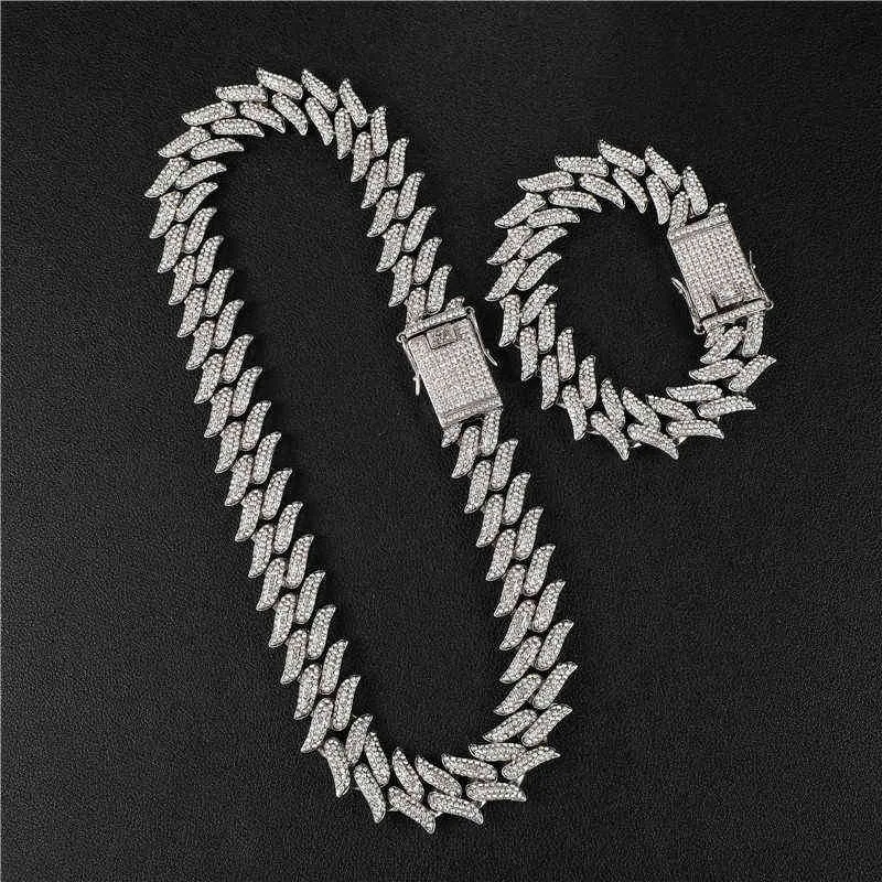 Hiphop Bling Iced Out Out Full 19mm Heren Thorns Armband Gold Prong Cubaanse Link Collier voor Mannen Sieraden 211124