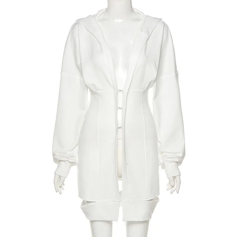 Cappotto lungo manica sexy Donna Felpe con scollo a V profondo Oversize Top casual Capispalla Primavera Autunno Giacche bianche Streetwear 210517
