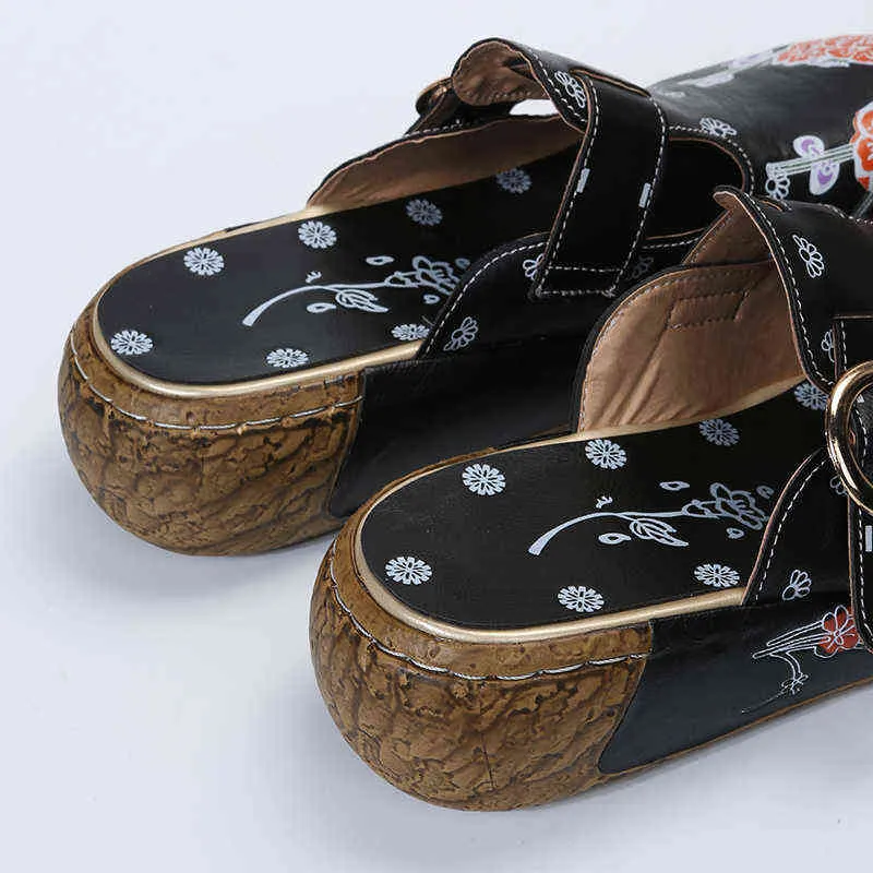 Tofflor Sommar Kvinnor Wedge Sandaler Box Toe Buckle Vintage Anti Slip Läder Casual Kvinna Platform Retro Shoes220308