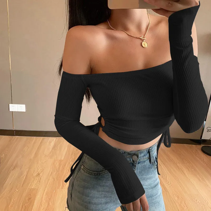 CNYISHE Off spalla Slash Neck Tees Top Donna Crop Top T-shirt Donna aderente Slim Camicie ritagliate Streetwear Solid Top 210419