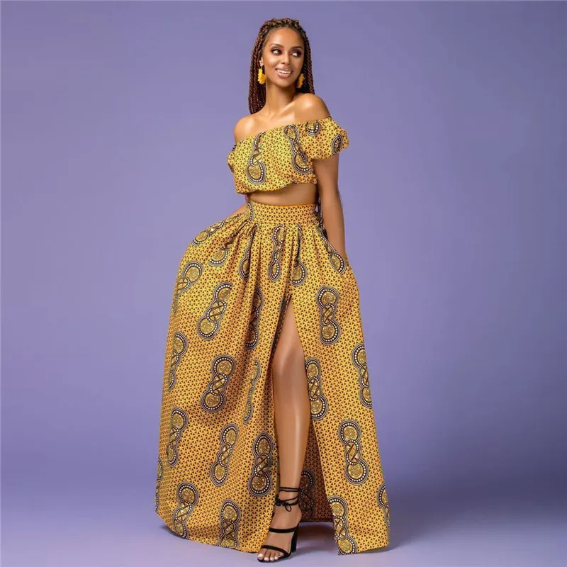 Isarose Lady 2 peças Sets Sexy High Slit Africano Maxi Vestido Conjunto para Mulheres Slash Pescoço Suff Manve Rich Bazin Party Club Wear 210422