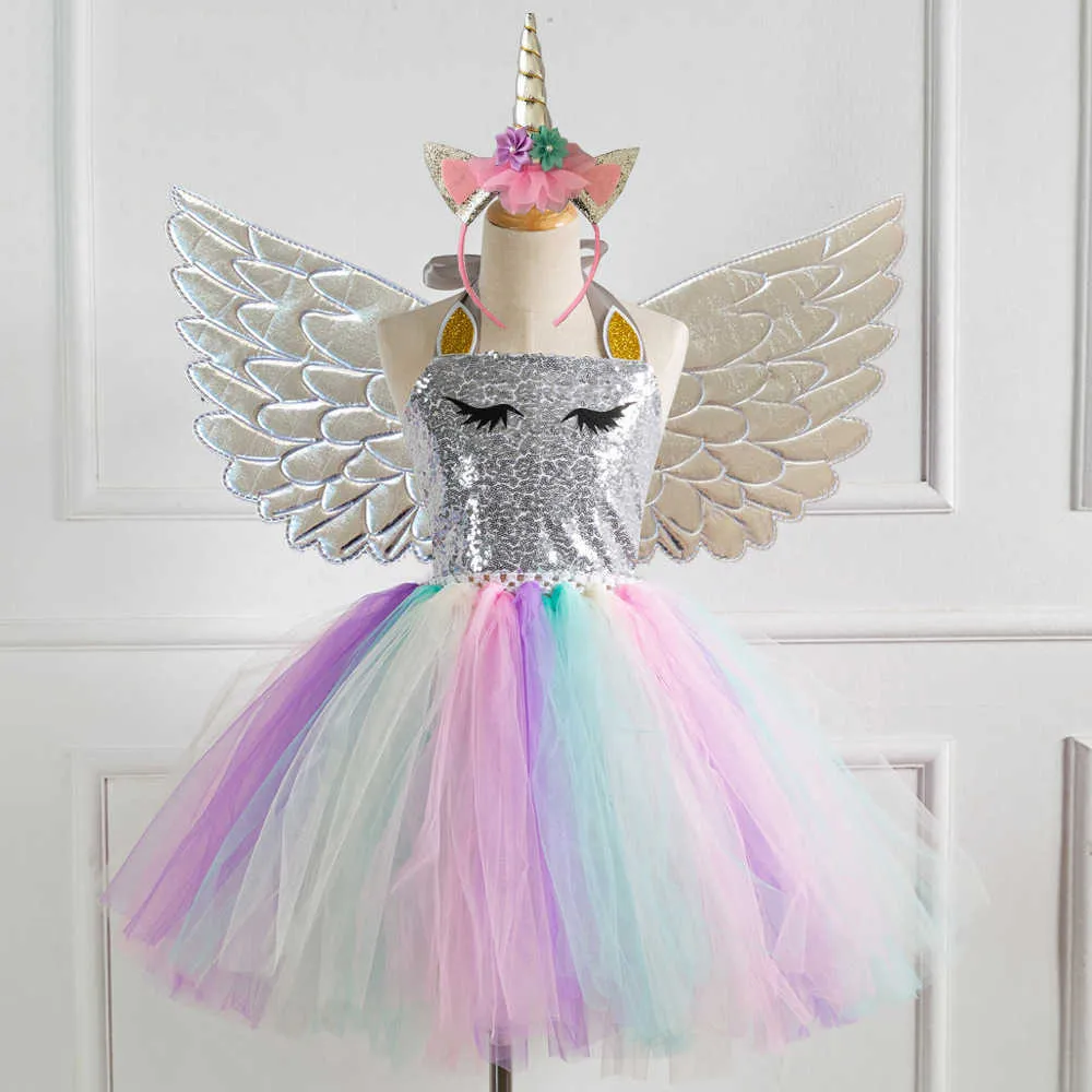 Zestawy dziecięce kolorowa cekinowa sukienka taneczna Dziewczęta Rainbow siatka księżniczka spódnica ze skrzydłami