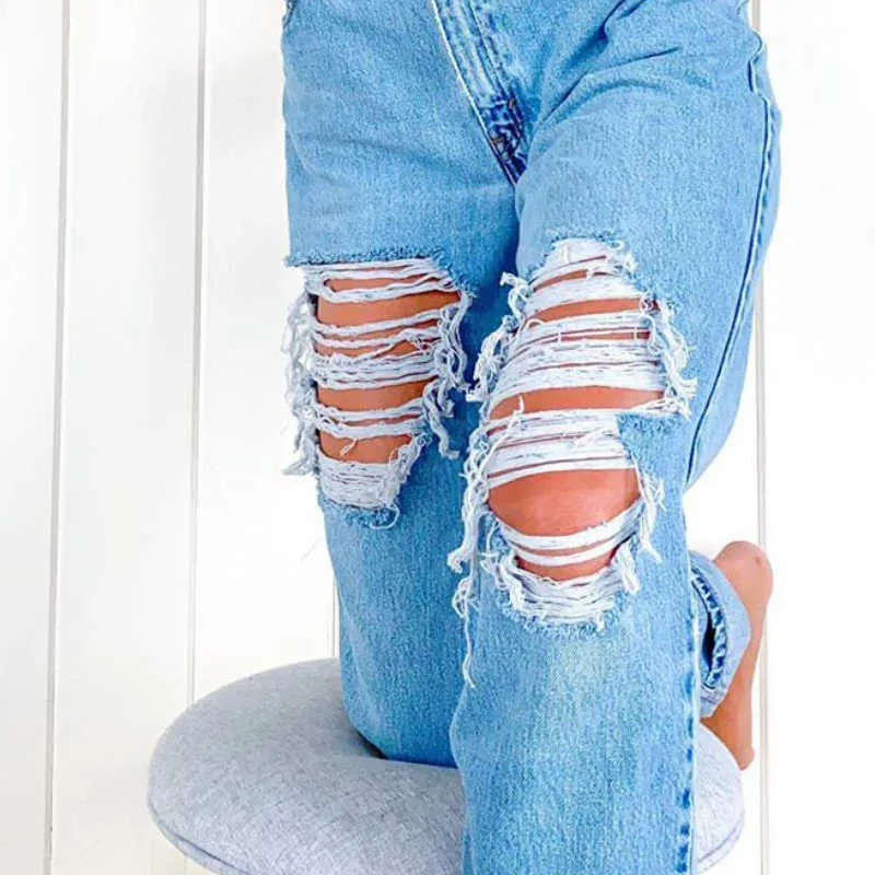 High Street Women Jeans Casual Straight Ben Waist Loose Fitting Ripped Holes Tunna Ladies Denim Trousers 210922