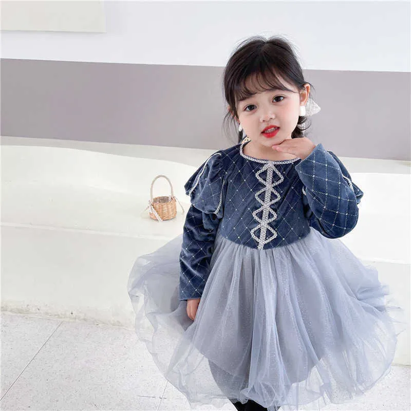 Spring Girls Party Dresses Long Puff Sleeves Velvet Is och Snow Princess Girl Clothes E7048 210610