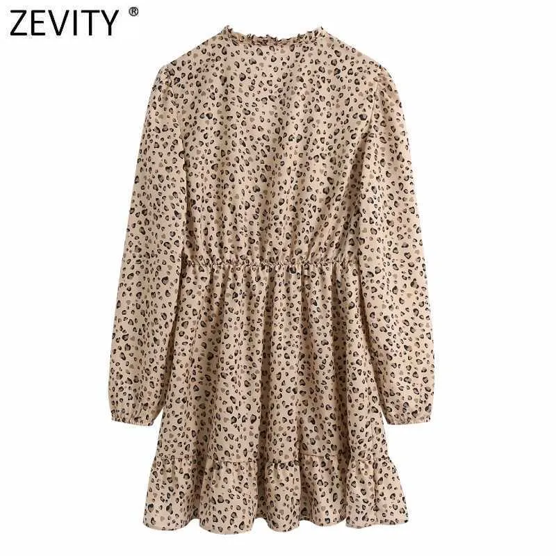Zevity Women Vintage V Neck Leopard Print Hem Ruffles Mini Dress femme Puff Sleeve Pleat Ruffles Vestido Chic Dresses DS5073 210603