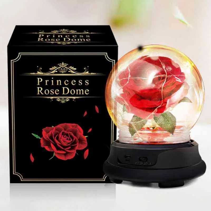 Flanell rosblommor ledde ljus i en kolvskönhet The Beast Immortal Rose New Year Christmas Valentine's Day Gifts