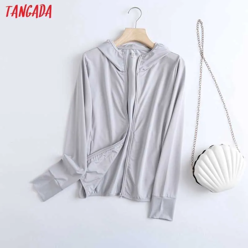 Tangada Women Candy Color Summer Thin Jacket Coat Zipper Ladies Long Sleeve Loose Hood Coat 2E16 210609