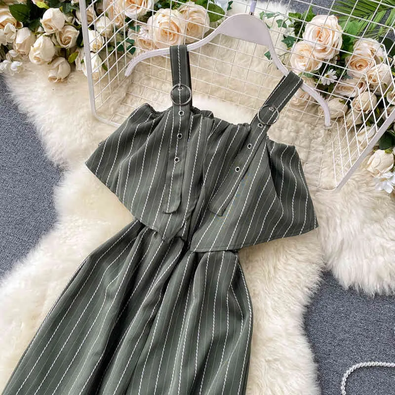 Kvinnors sommar jumpsuit sexig öppen rygg suspender ruffle tube topp hög midja tunna randiga bredben byxor ll027 210506