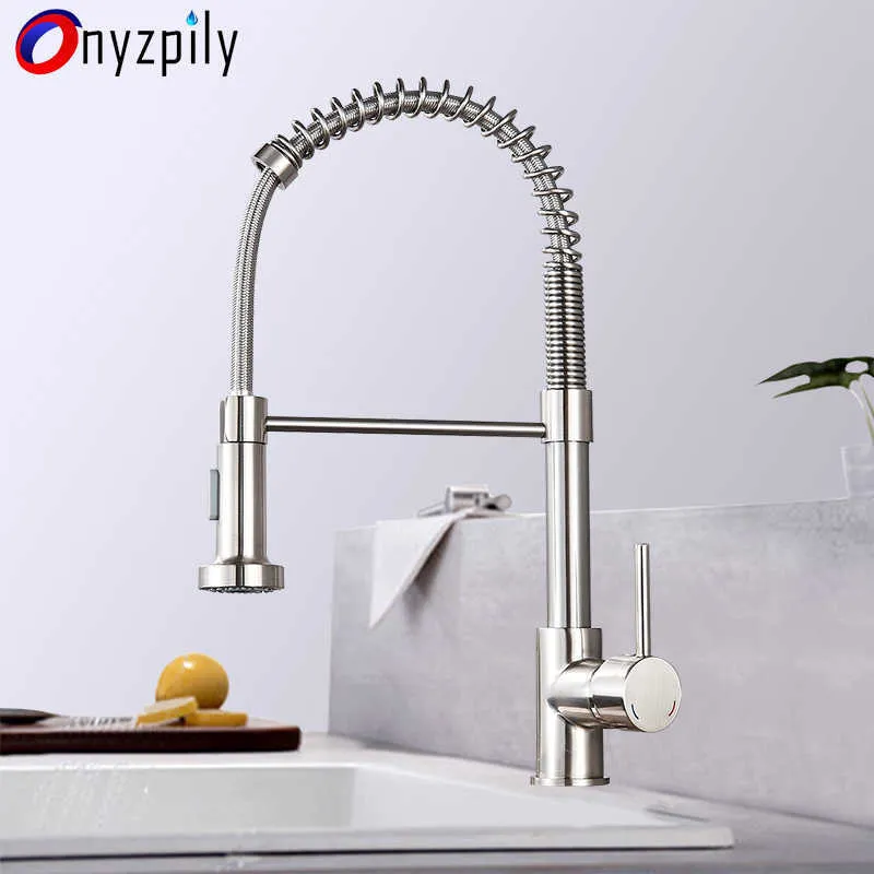 Spring Brushed Kitchen Sink Faucet Pull Down Sprayer Nozzle Single Handle Faucet Mixer Cold Stainless Steel Modern 210724