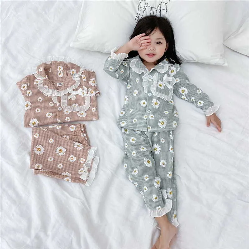 Printemps bébé pyjamas ensembles rose bleu marguerite col en dentelle maison costumes sommeil jure enfants vêtements E5032 210610