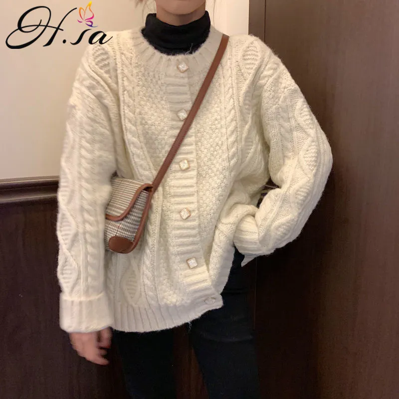 H.SA le donne Moda coreana cardigan lavorato a maglia manica lunga abbottonata beige maglione intrecciato cardigan sueter mujer 210417