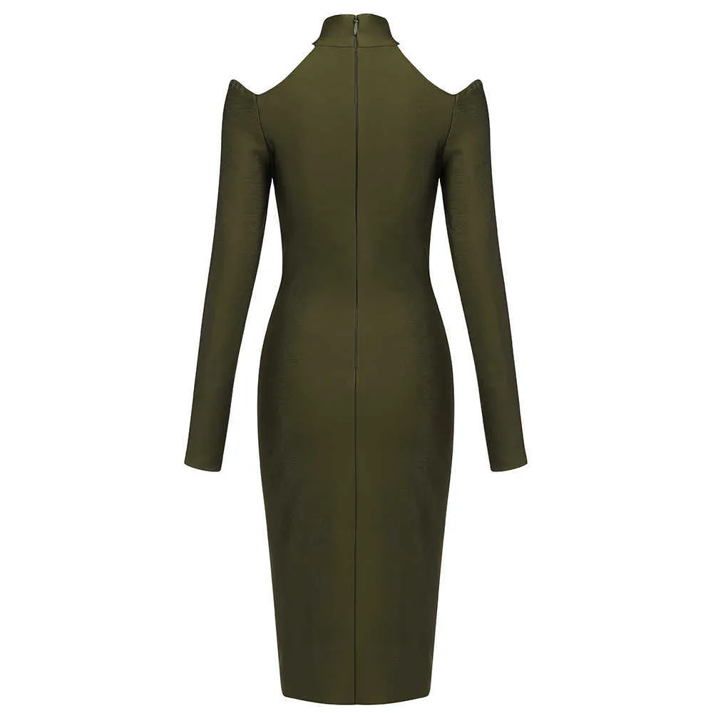 Ladies Solid Color Army Green O-Neck Hollow Strapless Full-Sleeve Knee-Length Tight Sexy Party Bandage Dress 210527