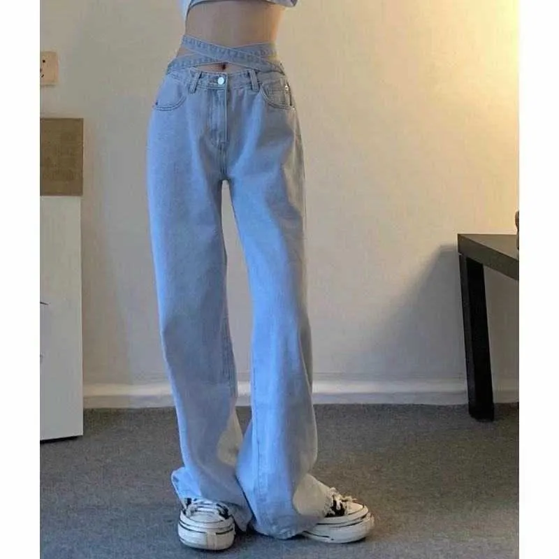 Koreanska versionen av den retro små midjan ljusblå jeans Kvinnors slips Höglöst Casual BF Wide-Ben Denim Trousers Women 210922