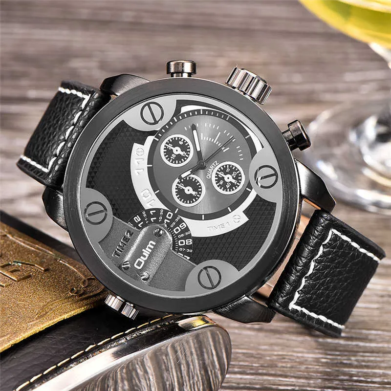 OULM 3130 Dwa strefa czasowa męski zegarek luksusowe marki męskie zegarki wojskowe casual skóra duży rozmiar mężczyźni zegarek relogio masculino g1022