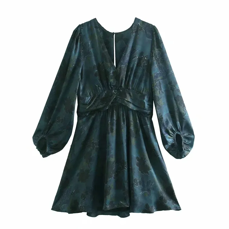Vintage tryckt blå svart mini klänning kvinnor draped puff långärmad kvinna pläterad midja elegant es 210519