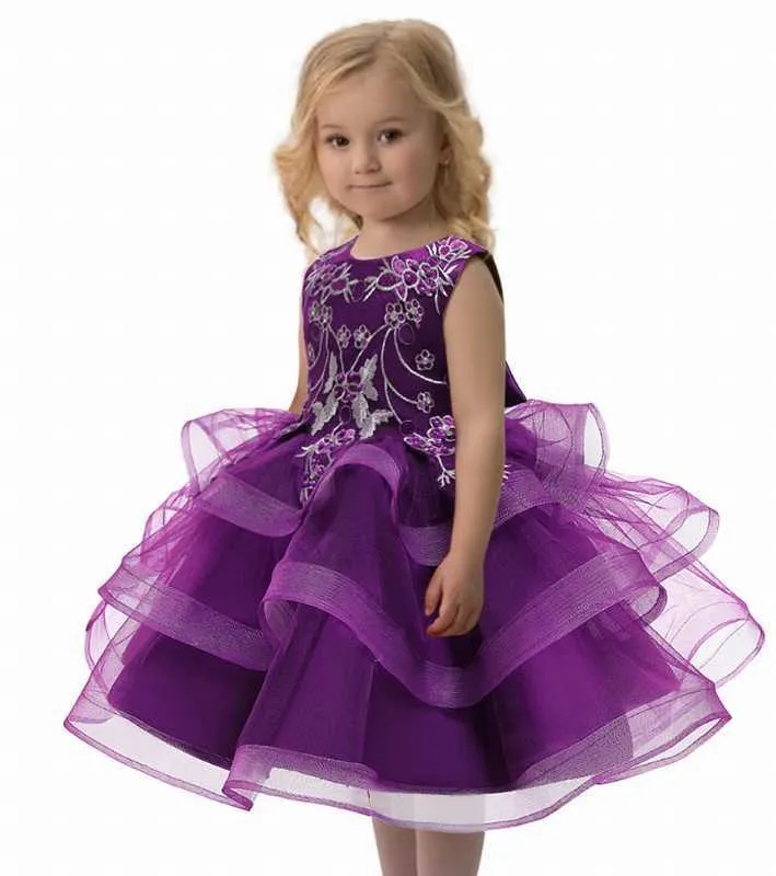 Broderade tutu klänningar lager fluffig gasbind ärmlös prinsessa för flicka baby kläder 3-8y e8755 210610