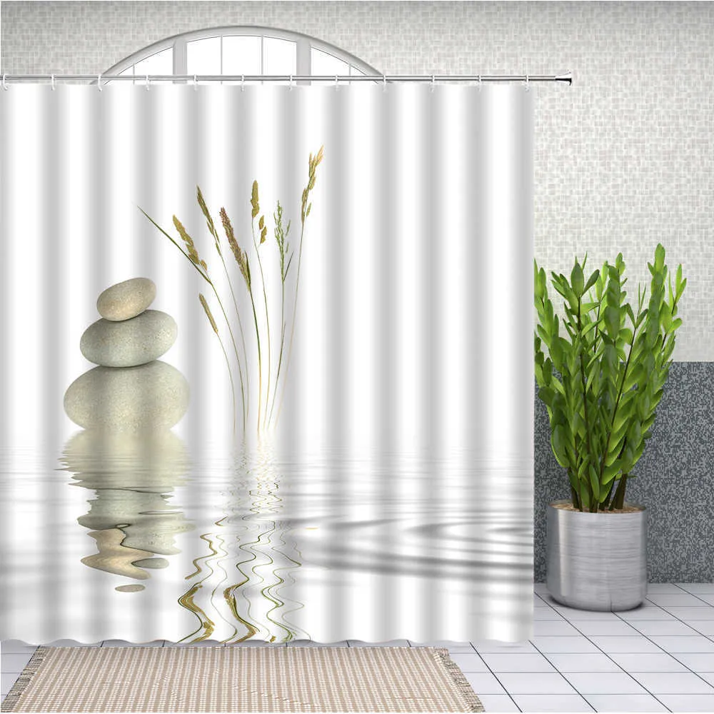 Stenen en witte lotusbloem in water douchegordijn Zen spa badkamer waterdichte lange polyester stof voor badkuip decor 210915