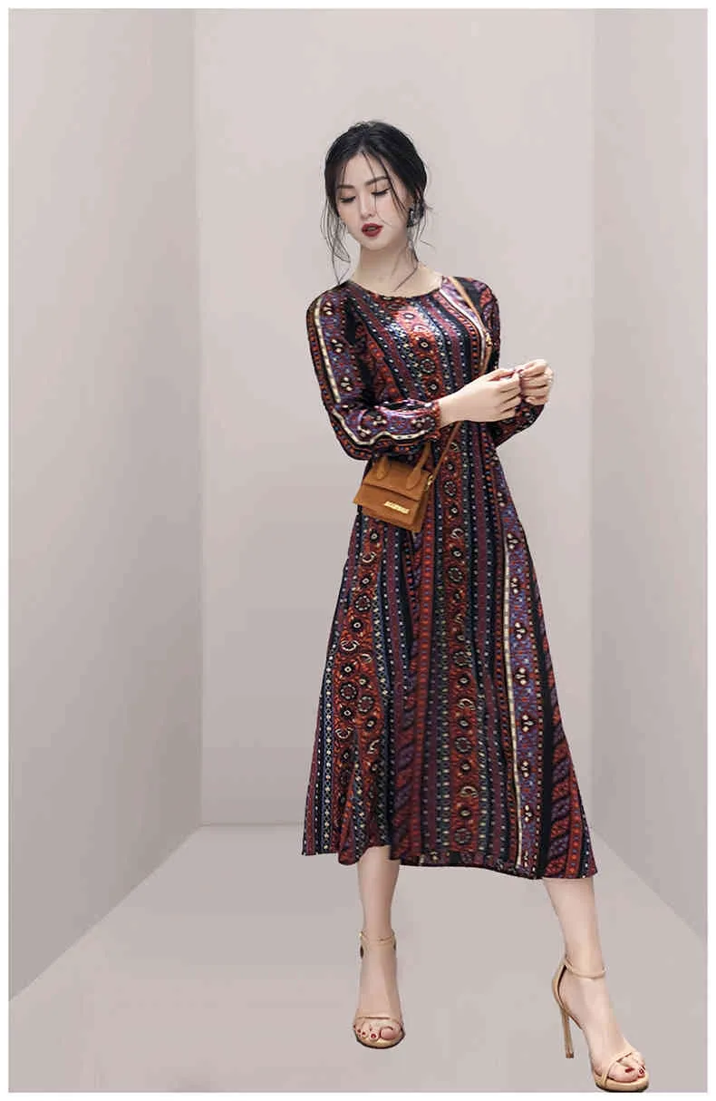 Retro Fashion Ethnic Drukuj Szyfonowa Długie Rękaw Dress Casual Midi Sukienka + Podwójna Kamizelka Breasted Dwuczęściowe Zestaw Kobiety Suit 210518