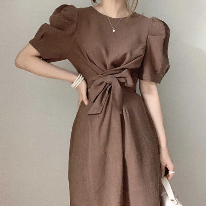 Korejpaa Kobiety Dress Summer Korea Chic Minimalistyczny Temperament Okrągły Neck Krawat Talii Odchudzanie Solid Color Sleeve Puff Sleeve Vestido 210526