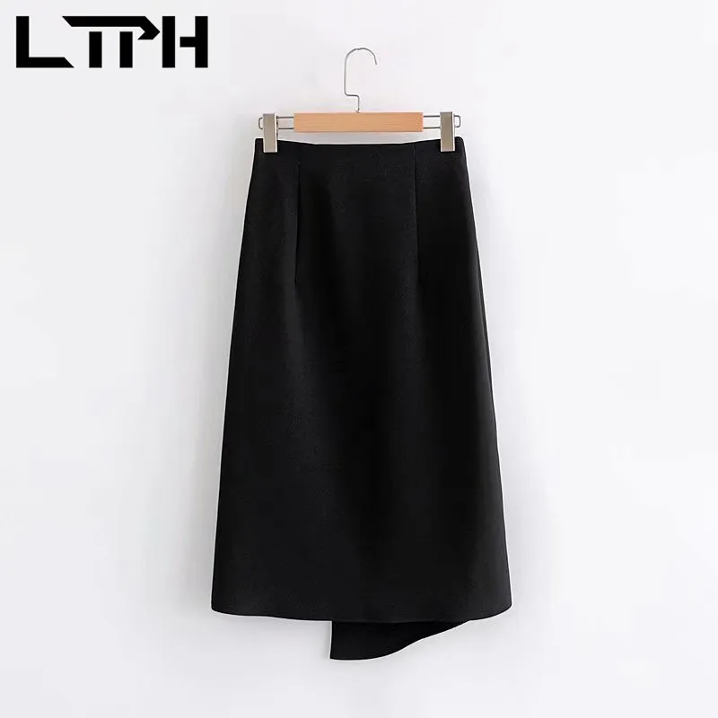 韓国のスカート対照的な色のステッチデザイン女性の高い腰の不規則な中長長パッケージヒップスカート春210427
