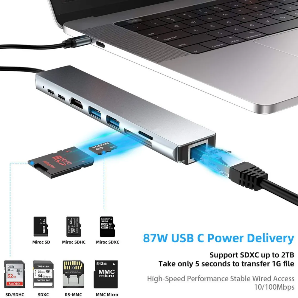 Tebe USB Typec Hub إلى 4K RJ45 SD TD Card Reader PD Fast Charge 8IN1 محول متعدد الوظائف لـ MacBook Pro284U3399721