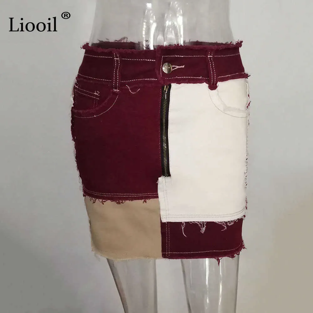 Liooil Лоскутная хлопковая джинсовая юбка трапециевидной формы с высокой талией и карманами Осенняя уличная одежда с цветными блоками на молнии Женская сексуальная мини-юбка 210621