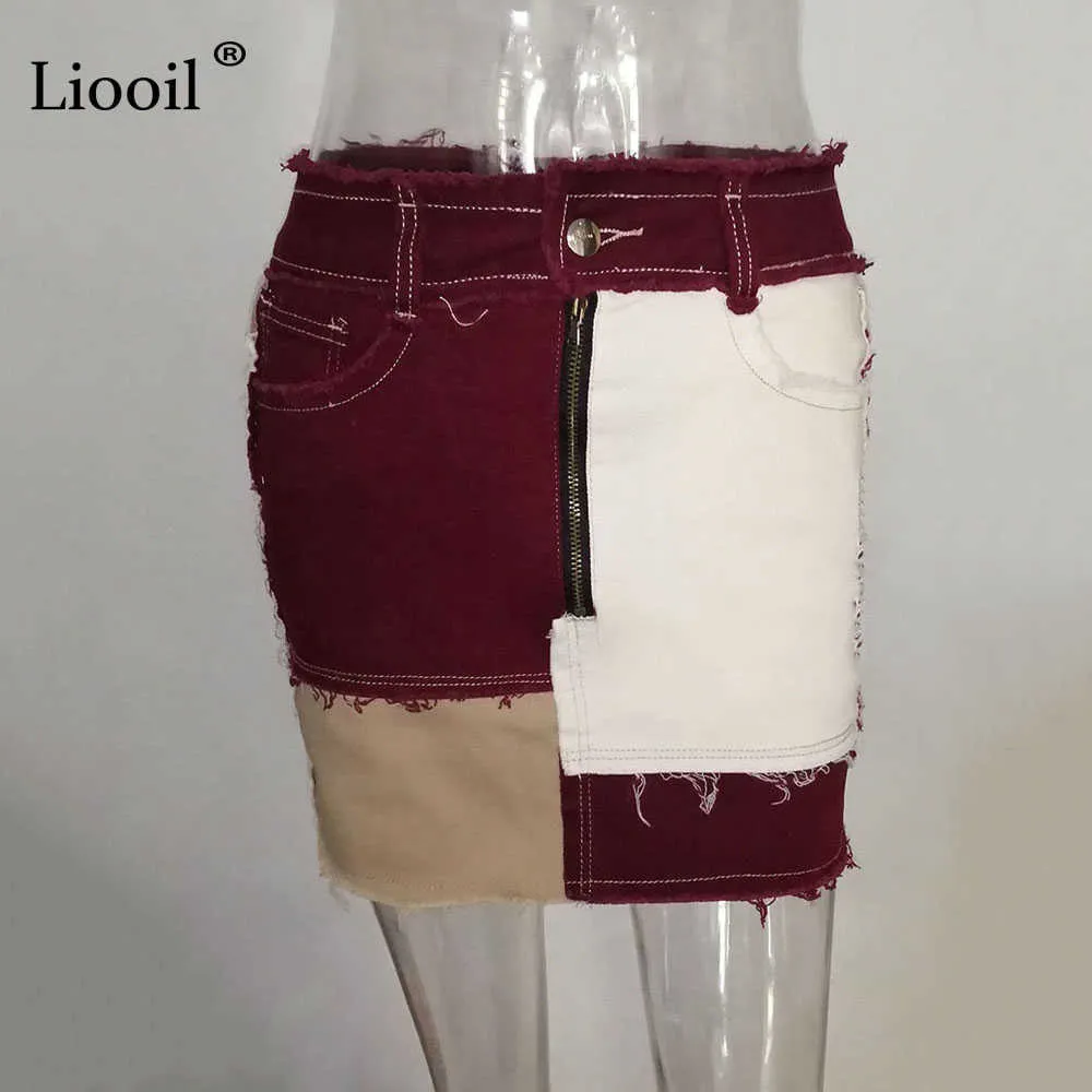 LIOOIL Patchwork Bawełna Denim Wysoka Talia A-Line Spódnice Z Kieszeniem Jesień Streetwear Kolor Blok Zipper Kobiety Sexy Mini Spódnica 210621