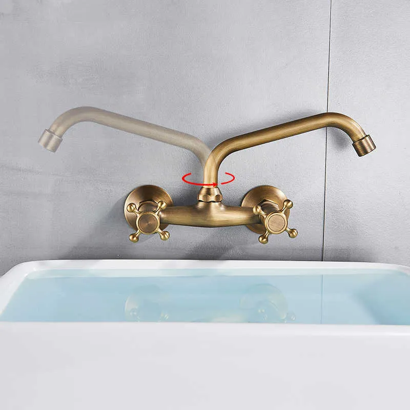 Antik mässing Kökshandtag Kran 360 Swivel Tute och kallt badrum Kök Mixer Crane Mop Pool Taps Dual Handle Caucet 210724