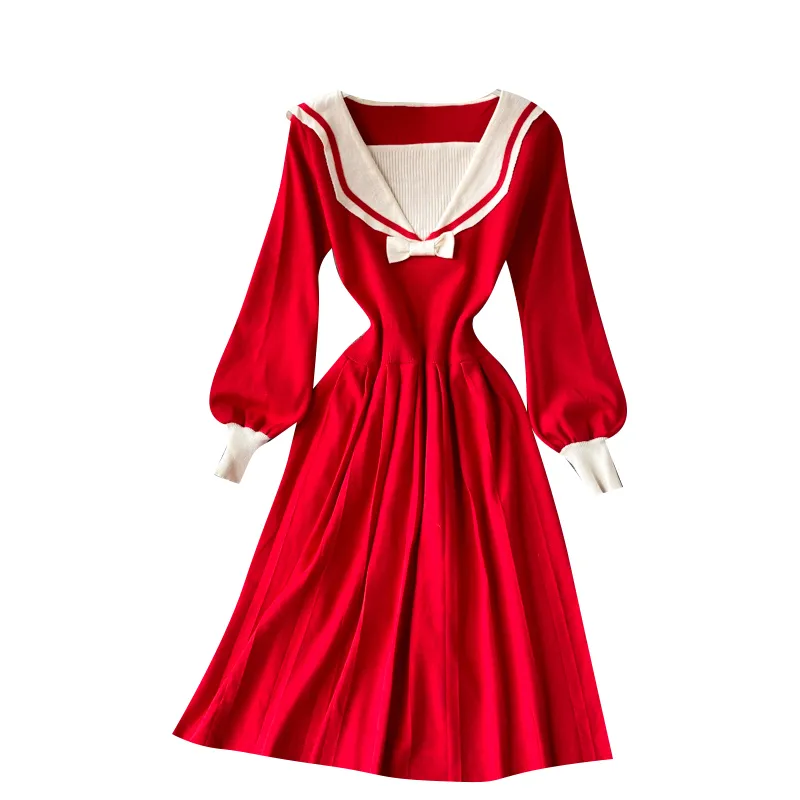 Franse zoete gebreide jurk vrouwen retro bladerdeeg mouw v-hals elastische A-lijn jurk herfst winter mode trui jurken 210419