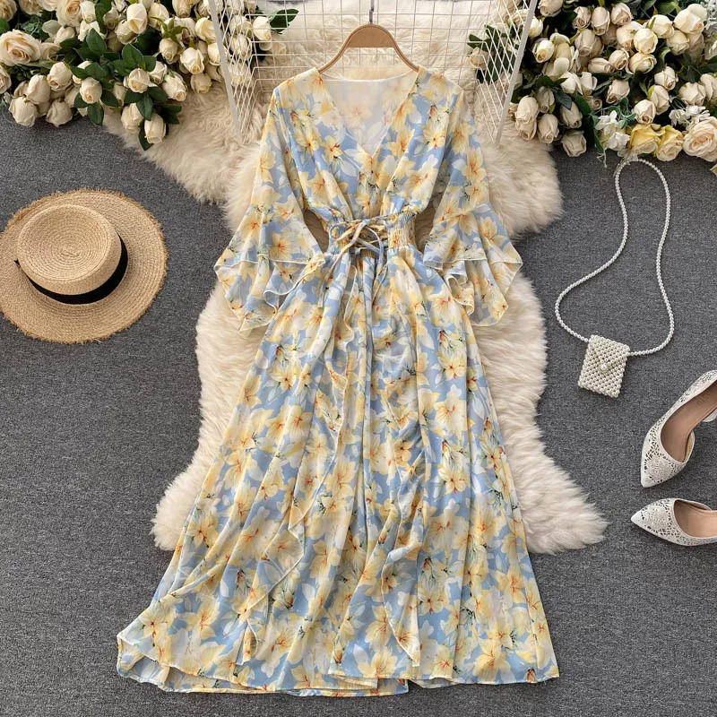 Singreiny Women Bohemian Floral Dress Design Longular Long Sleeve v Neck A-Line Dresses Summer Chiffon Print Beach Dress 2295W
