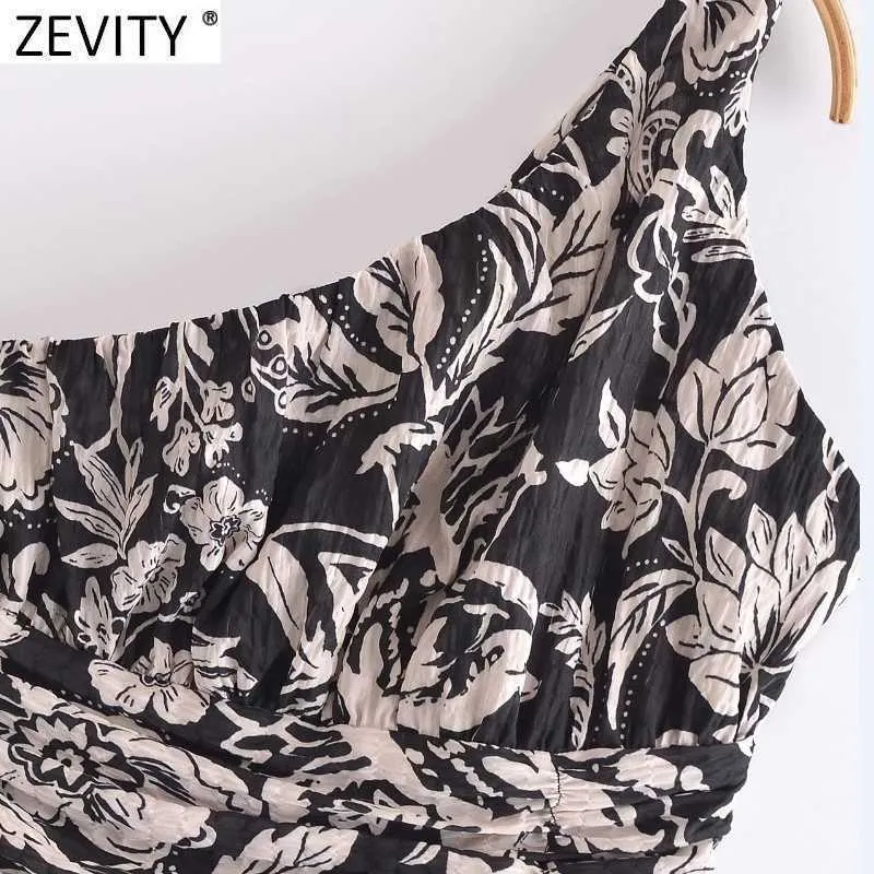 Zevity Kobiety Sexy Sinlge Ramię Kwiatowy Drukuj Szczupła Asymetryczna Sukienka Kobieta Plised Vestido Chic Letnie Suknie Plażowe DS8337 210603