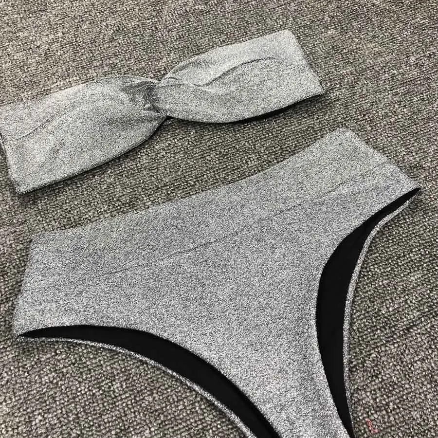 Yeni Seksi Bandeau Parlak Glitter Bikini Set Kadın Mayo Mayo Pad Yay Ile Bikini Yüksek Bel Bather Mayo Yüzmek Giyim 210407