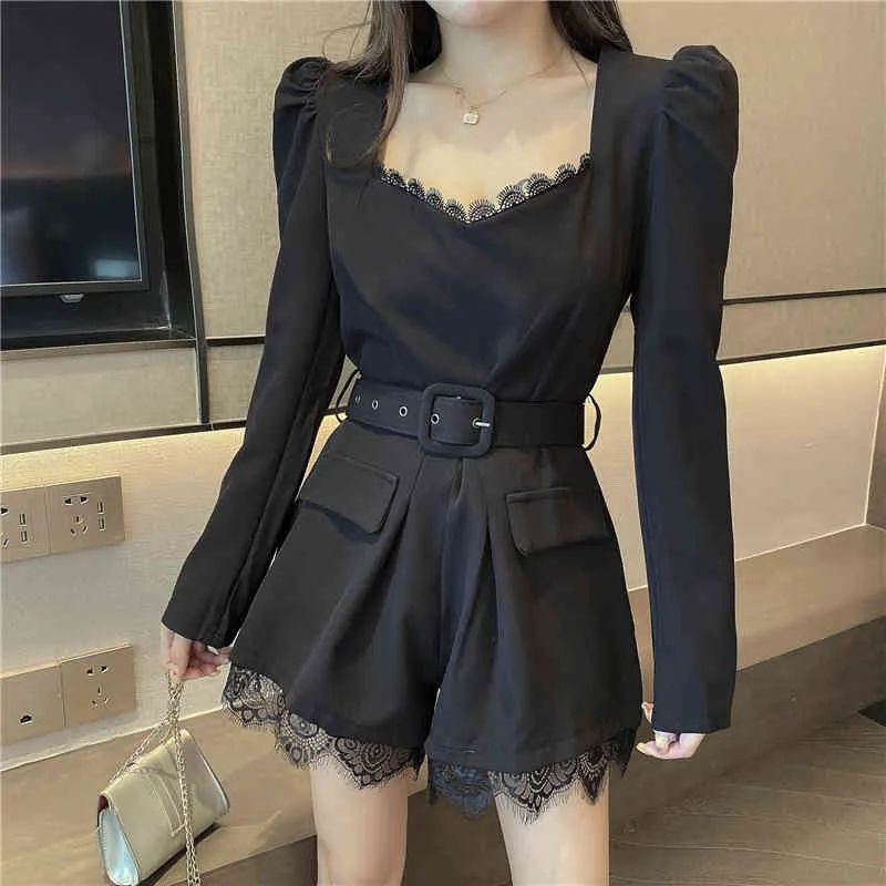 Summer Korean Women Elegant Solid Jumpsuit Lace Long Sleeve V Neck Office Lady Short Wide leg Bodysuit With Belt 210518