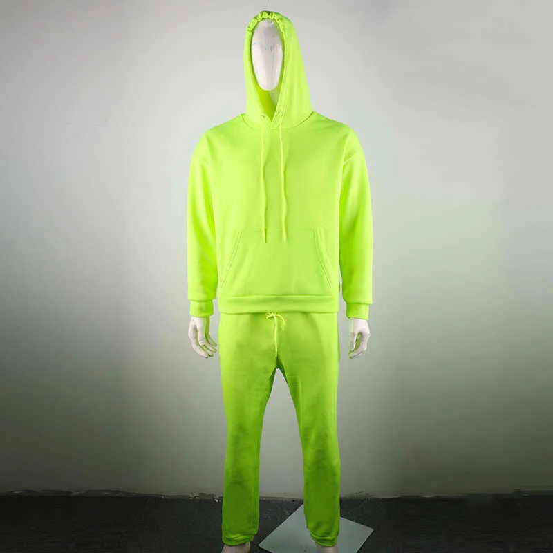 Neon Green Style Moda Moda Tracksuit Sólido 2 Peças de Manga Longa Hoody + Solto Swearpants Sportsuit Casual Men Est Omsj 211220