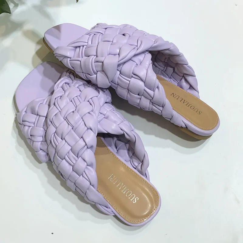 SUOJIALUN Summer Women Slipper Brand Weave Ladies Sandal Shoes Low Open Toe Flat Casual Slides Beach Flip Flops Big Size 35-42 ETT5334