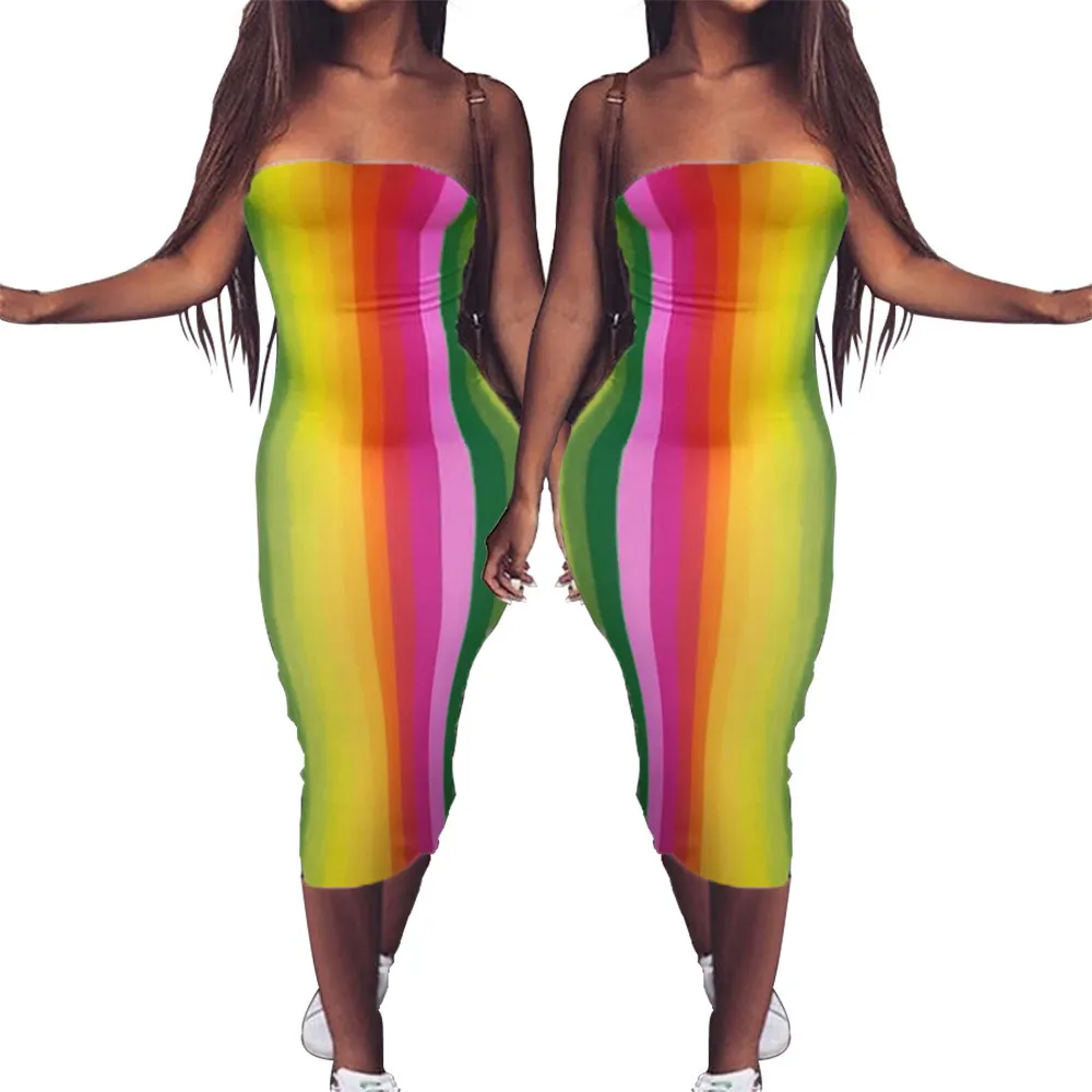 Rainbow Paski Drukowane Bodycon Midi Suknie Dla Kobiet Letni Hurtownie Evening Party Festival Sexy Dress Free 210525