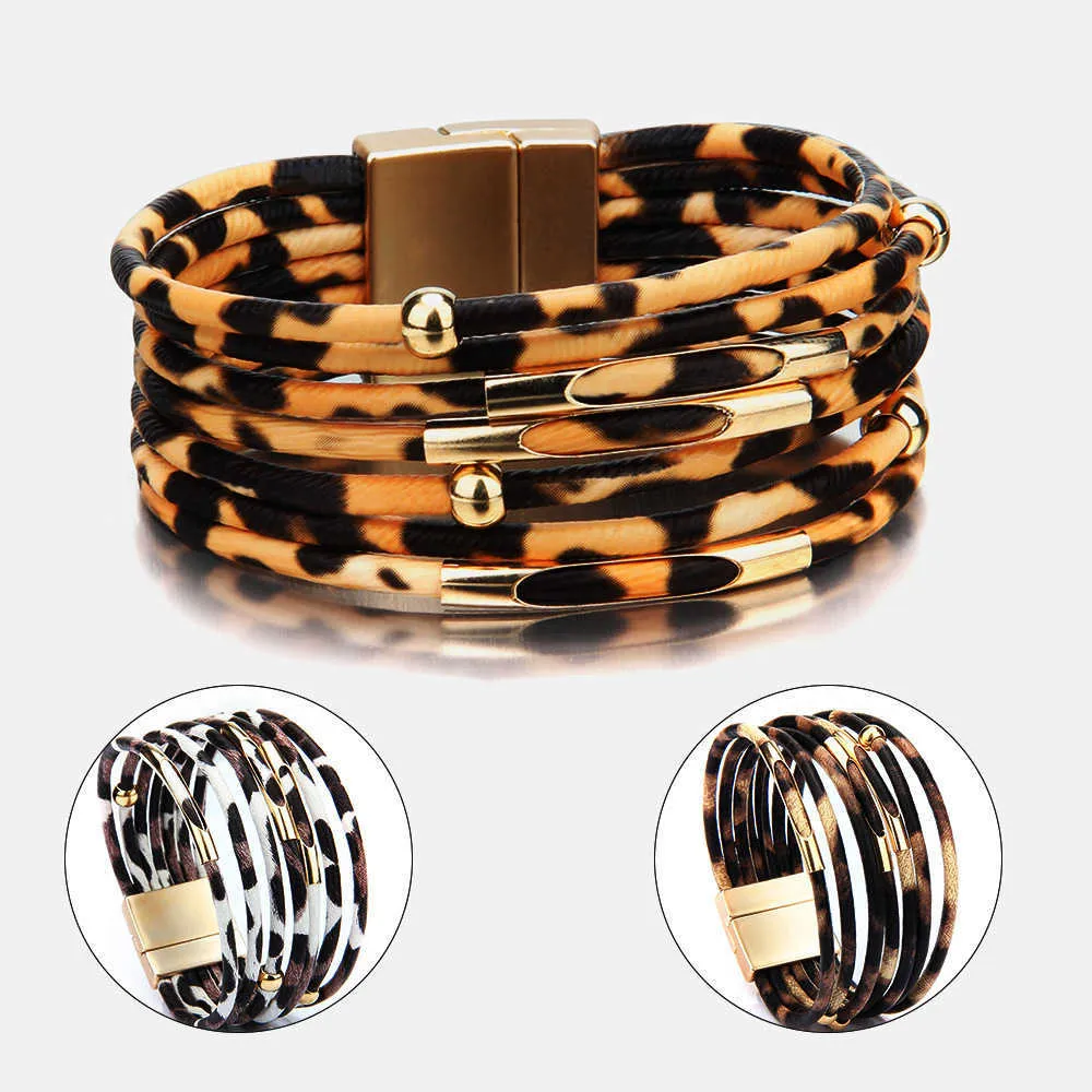 Xzp Bracelet en cuir léopard dames Wrap Bracelet Bracelet élégant Punk tuyau charme multicouche large boucle magnétique Bracelet Q0719