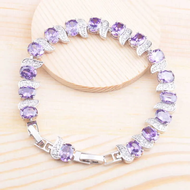 Verbazingwekkende paars kristal verzilverde sieraden set voor vrouwen met armband ketting hanger oorbellen ring H1022
