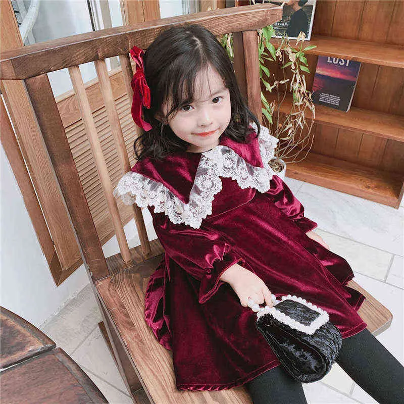 Filles à manches longues Vin Rouge Lolita Princesse Robe Toddler Automne Vêtements Fleur es Noël 220106
