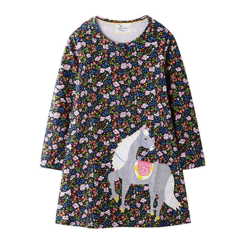 Jumping Meters Autumn Spring Flowers Girls Dresses Animals Applique Cute Princess Party Costume Halloween Kids 210529