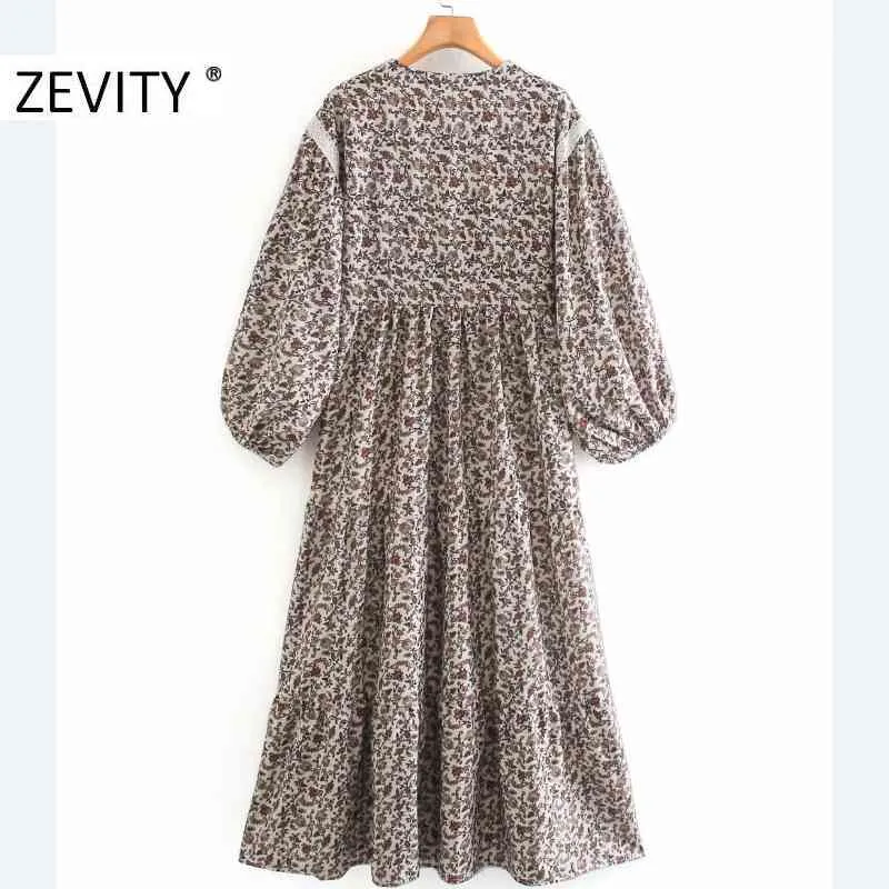 Women Vintage V Neck Lace Patchwork Flower Print Casual Loose Dress Female Lantern Sleeve Chic Court Retro Vestido DS4608 210420