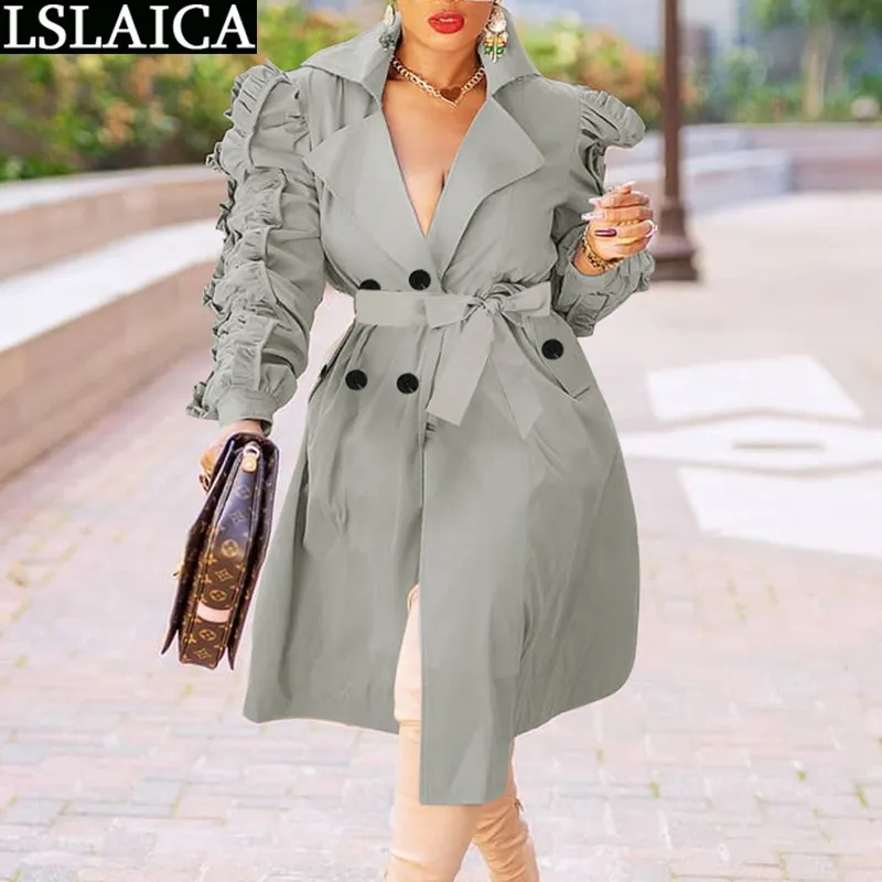 Dameskleding Casual Fashion Aankomst Effen Kleur Knop Lange Trench Coat Turn-Down Kraag Mouw Elegante Jassen 210520