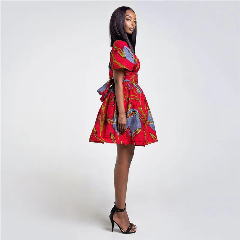 Isarose Kurzes Dashiki Kleid V-Ausschnitt Sexy DIY Verband Afrikaner Backless Falten Party Kleider Ankara Fashion Batik Kleid für Frauen 210422