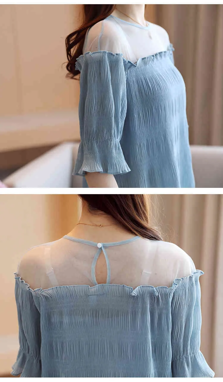 Chiffon Short Sleeve Women Blouses Summer Bottoming Shirt Korean Solid Mesh Off Shoulder Top Fashion Shirts 8981 50 210417